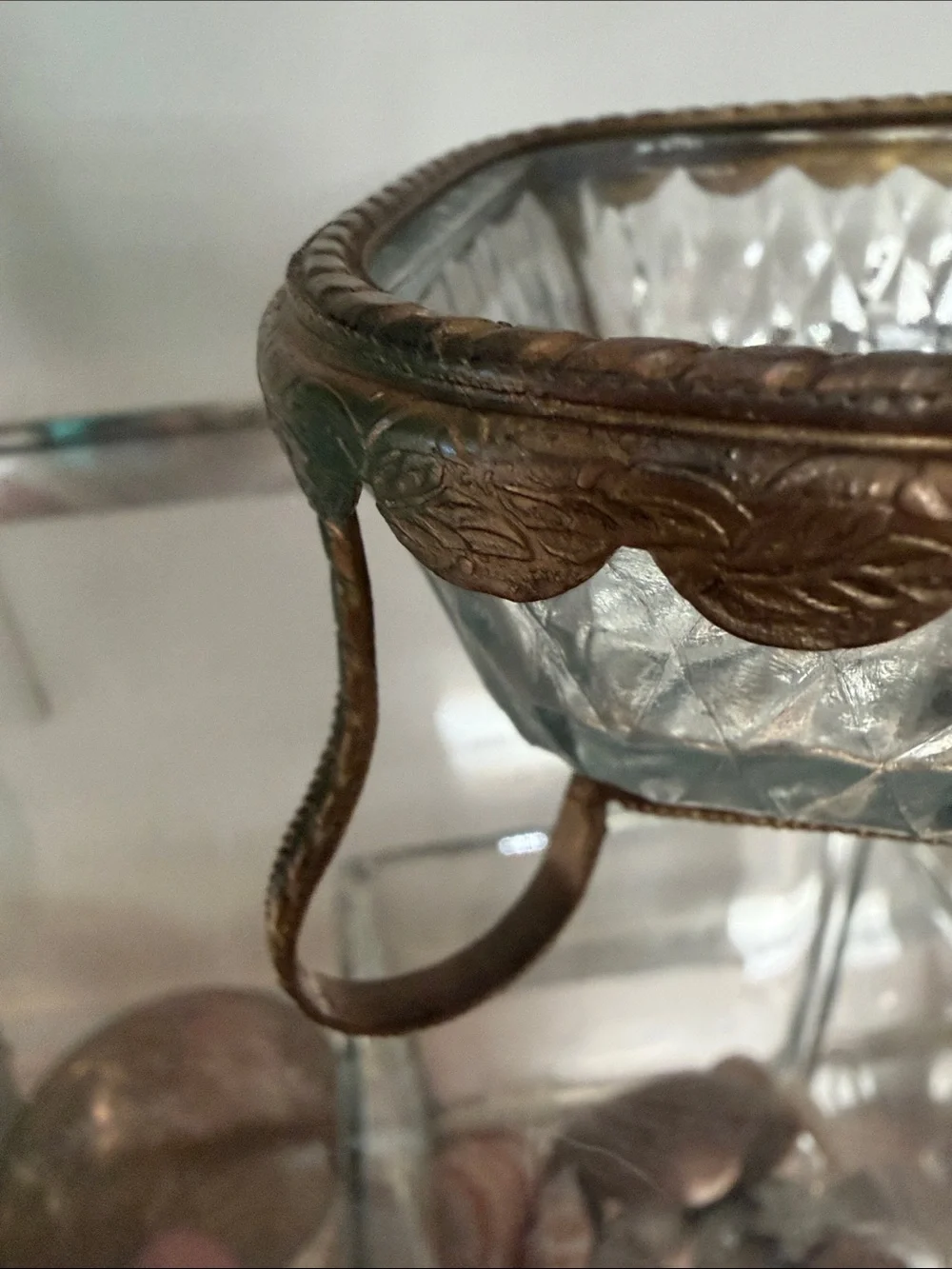 Vintage Glass Serving Dish with Brass-Tone Frame